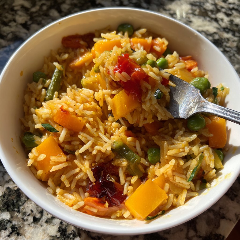 Mittagessen mit Gemüse-Reispfanne