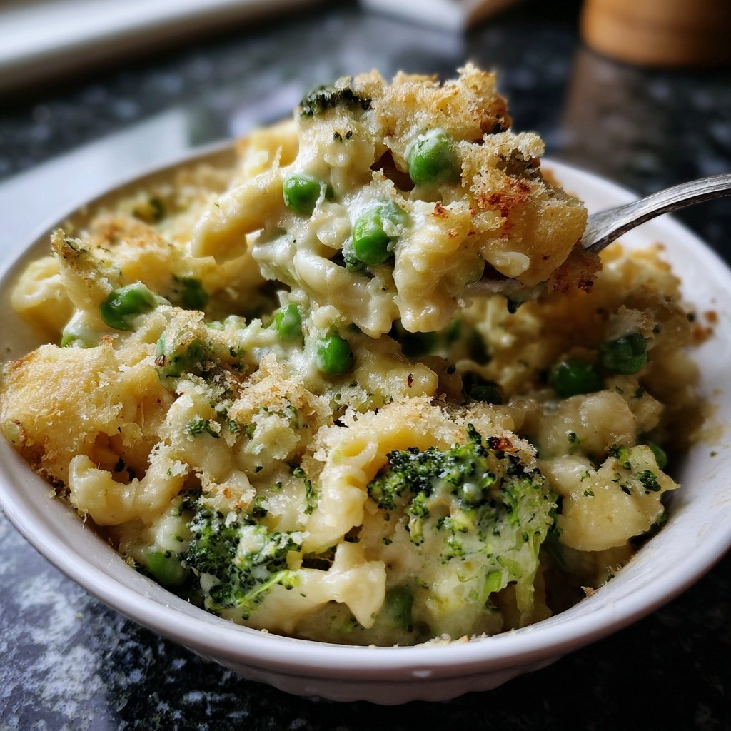 Vegetarischer Nudelauflauf mit Brokkoli und Erbsen
